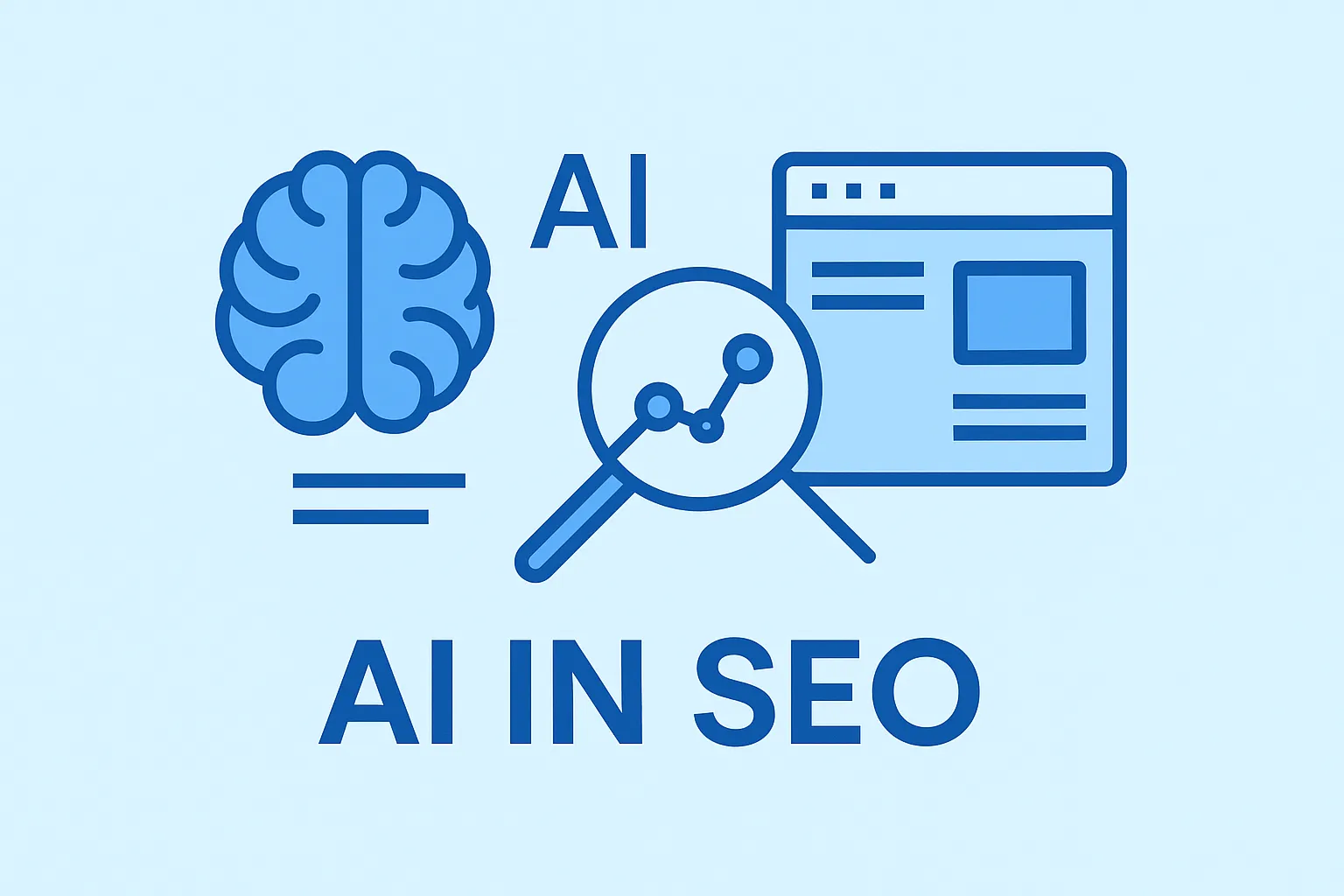 Illustratie van samenwerking tussen AI en SEO met iconen van een brein, vergrootglas en webpagina