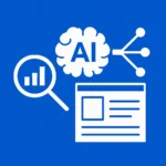 Illustratie van AI en SEO samenwerking met iconen van een brein, vergrootglas en webpagina op blauwe achtergrond