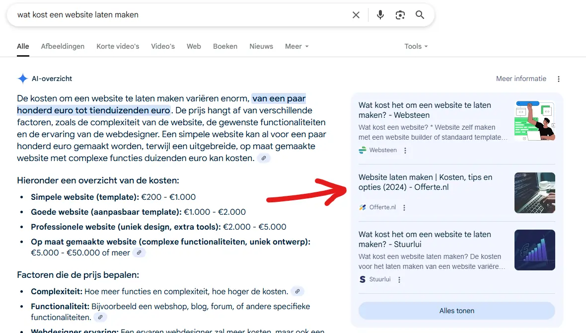 AI Zoekresultaten websites