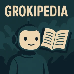 Illustratie van een robotfiguur met een open boek op donkere achtergrond, symbool voor Grokipedia en de invloed van AI op SEO en linkbuilding.