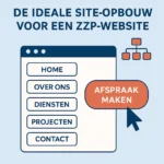 Illustratie van de ideale site-opbouw voor een ZZP-website met menu-items Home, Over ons, Diensten, Projecten, Contact en een opvallende knop Afspraak maken.