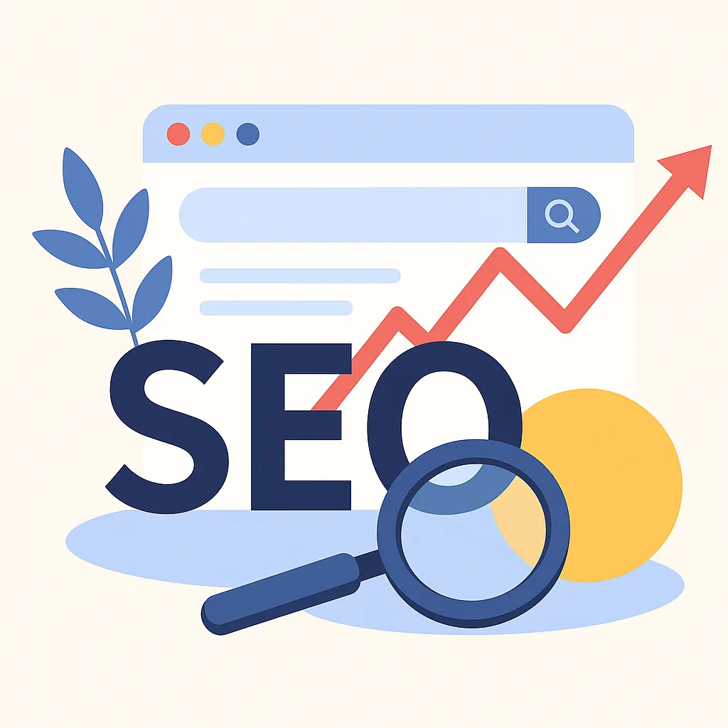 Illustratie van SEO-concept met browservenster, vergrootglas en stijgende grafieklijn, symbolisch voor groei en online autoriteit.