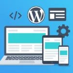 Illustratie van laptop, tablet en smartphone met WordPress-logo, symbool voor moderne en snelle websites gebouwd met GeneratePress door Caddy Marketing.